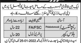 Staff Required For Laboratory Collection Center in Faisalabad GOVT Hospital